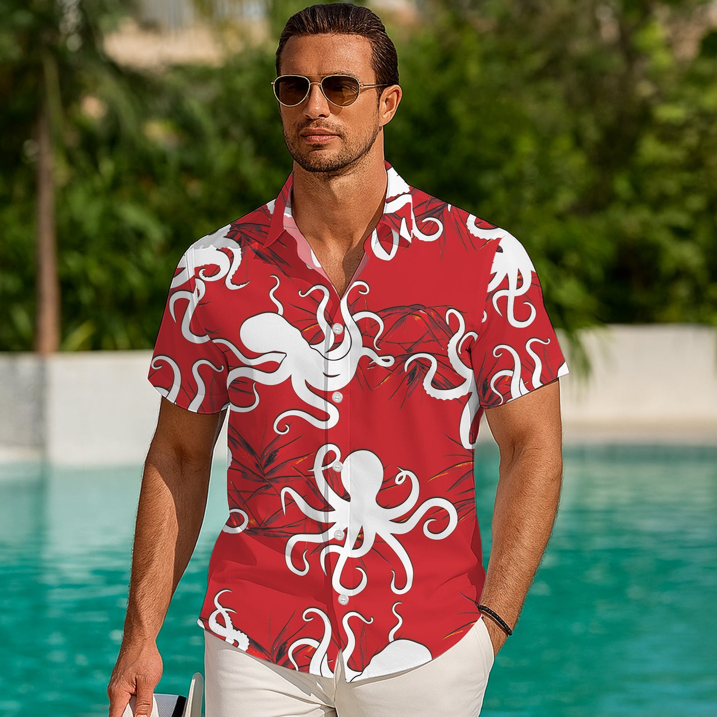 White Octopuses on Red Background Hawaiian Shirt Men Aloha