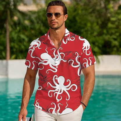 White Octopuses on Red Background Hawaiian Shirt Men Aloha