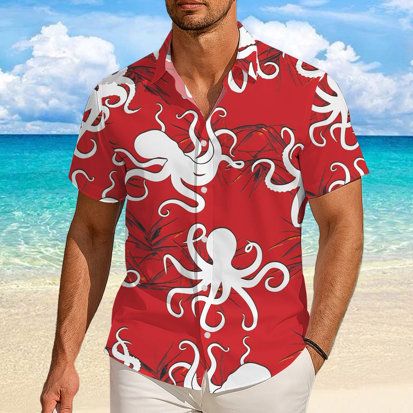 White Octopuses on Red Background Hawaiian Shirt Men Aloha