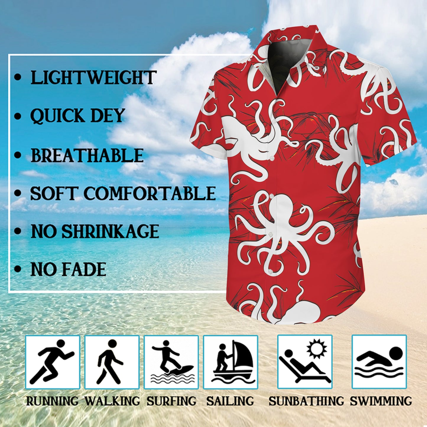 White Octopuses on Red Background Hawaiian Shirt Men Aloha
