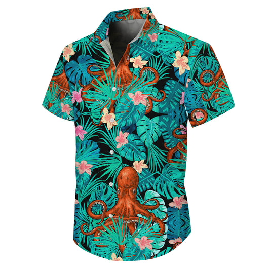 Orange Octopuses & Tropical Leaves Dark Hawaiian Shirt
