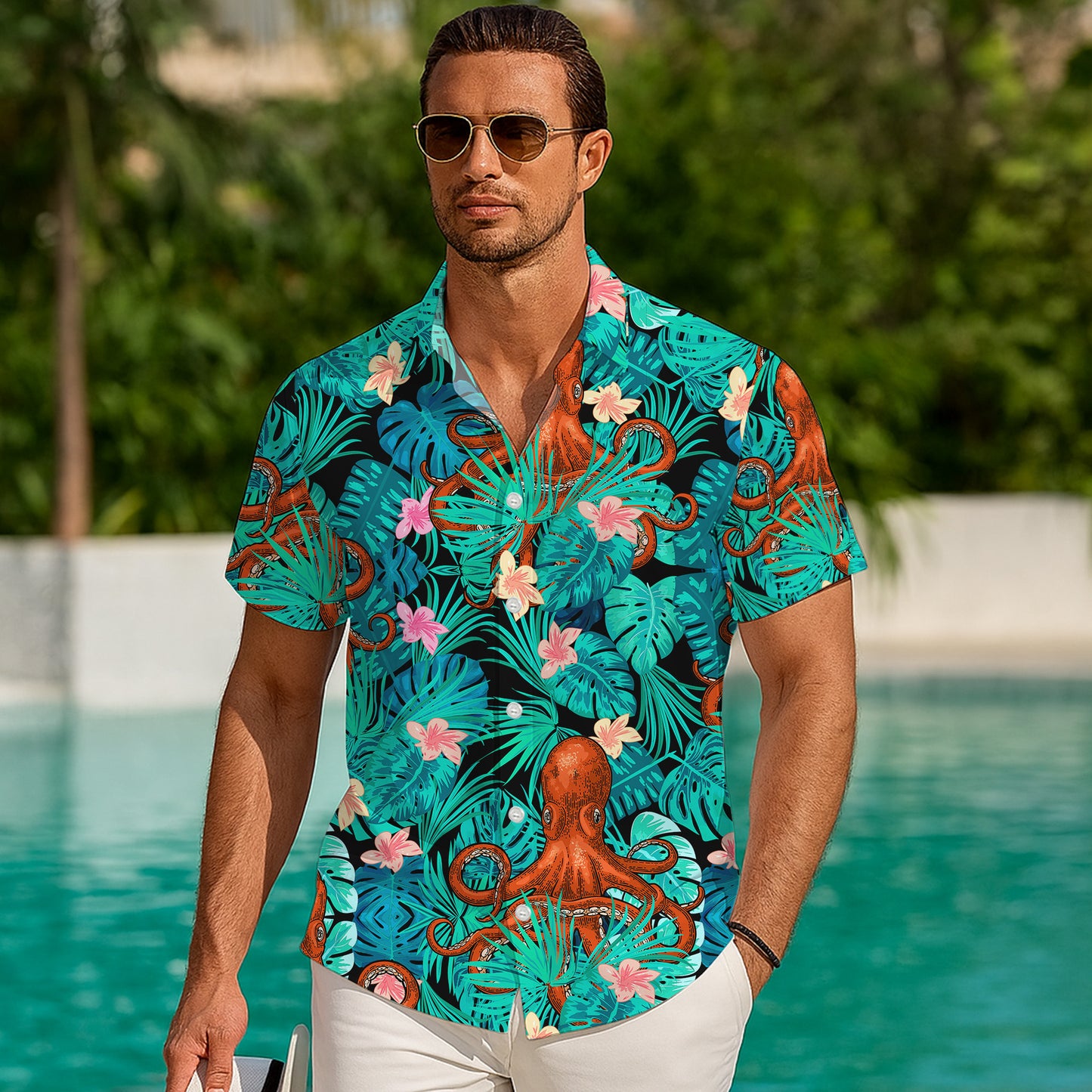 Orange Octopuses & Tropical Leaves Dark Hawaiian Shirt