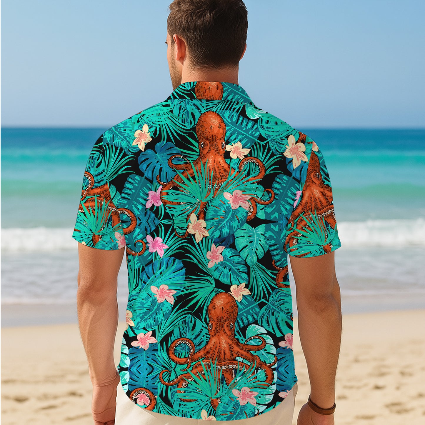 Orange Octopuses & Tropical Leaves Dark Hawaiian Shirt
