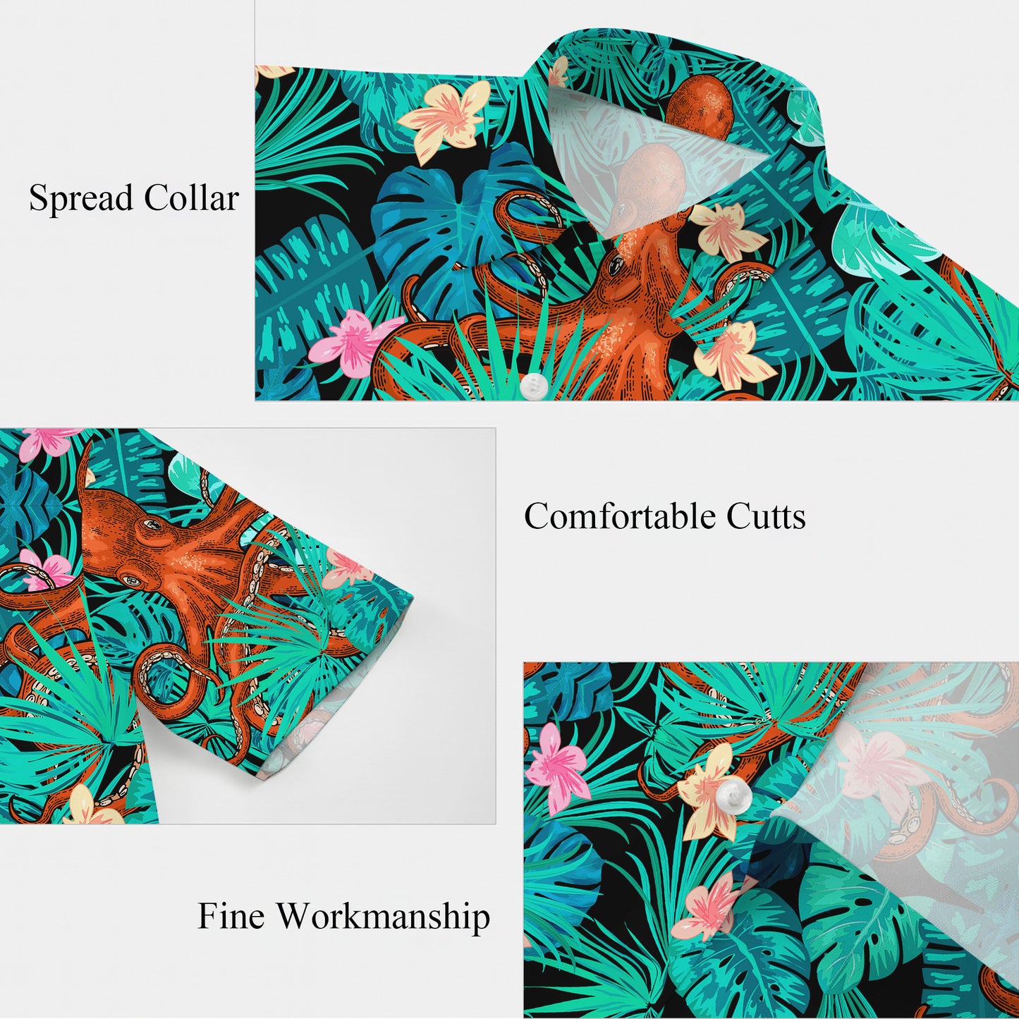 Orange Octopuses & Tropical Leaves Dark Hawaiian Shirt
