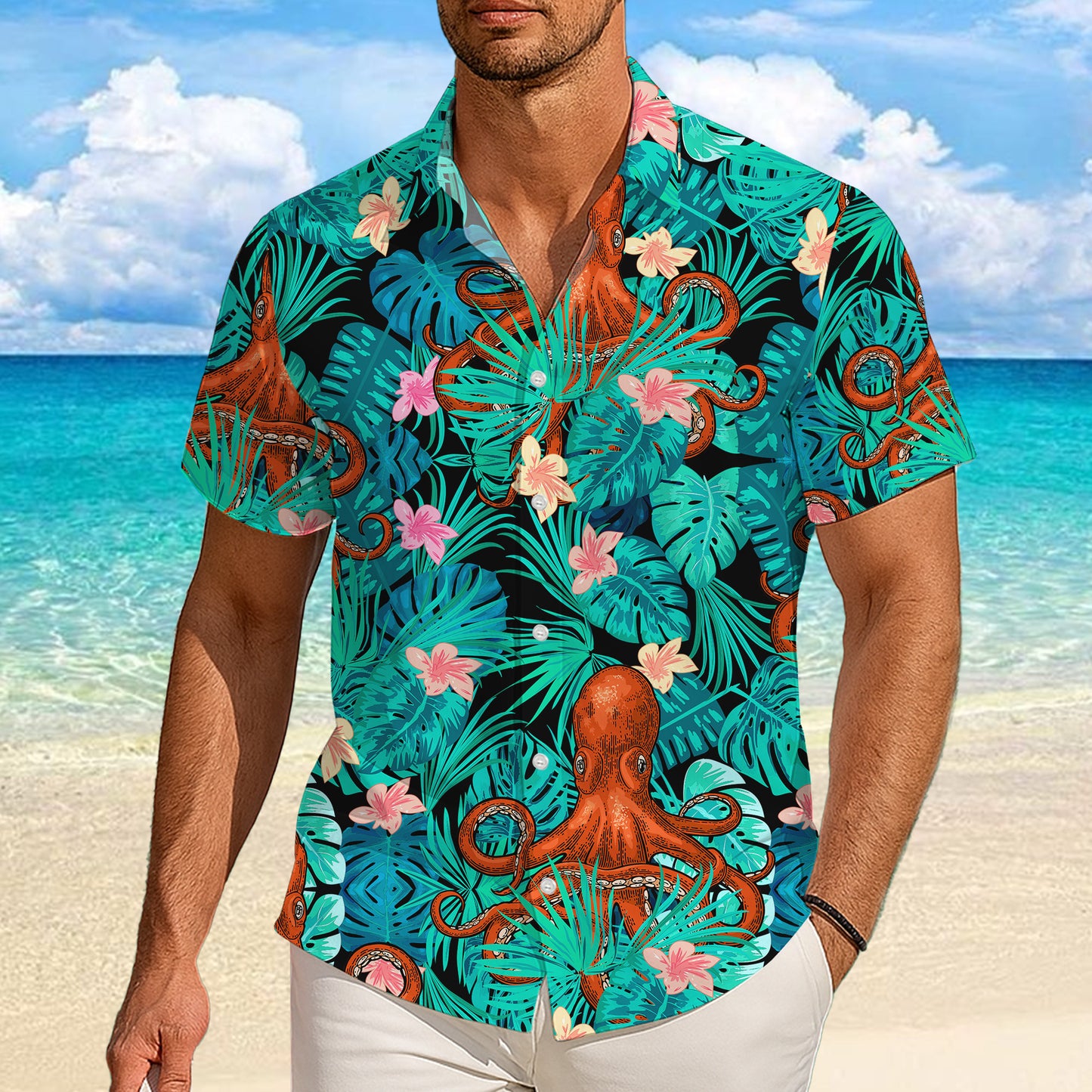Orange Octopuses & Tropical Leaves Dark Hawaiian Shirt