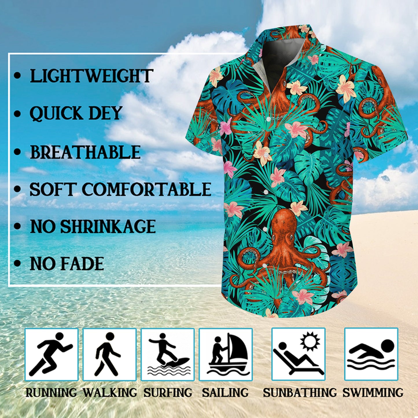 Orange Octopuses & Tropical Leaves Dark Hawaiian Shirt
