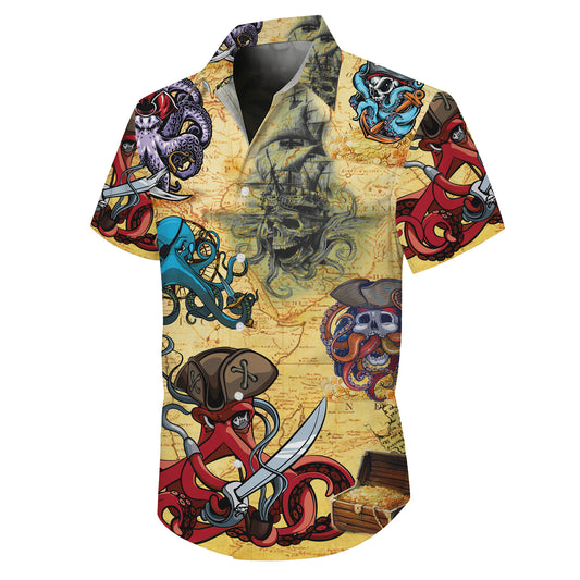 Pirate Octopus, Treasure Map & Gold Chest Hawaiian Shirt Aloha