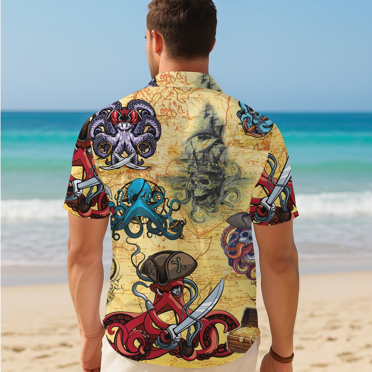 Pirate Octopus, Treasure Map & Gold Chest Hawaiian Shirt Aloha