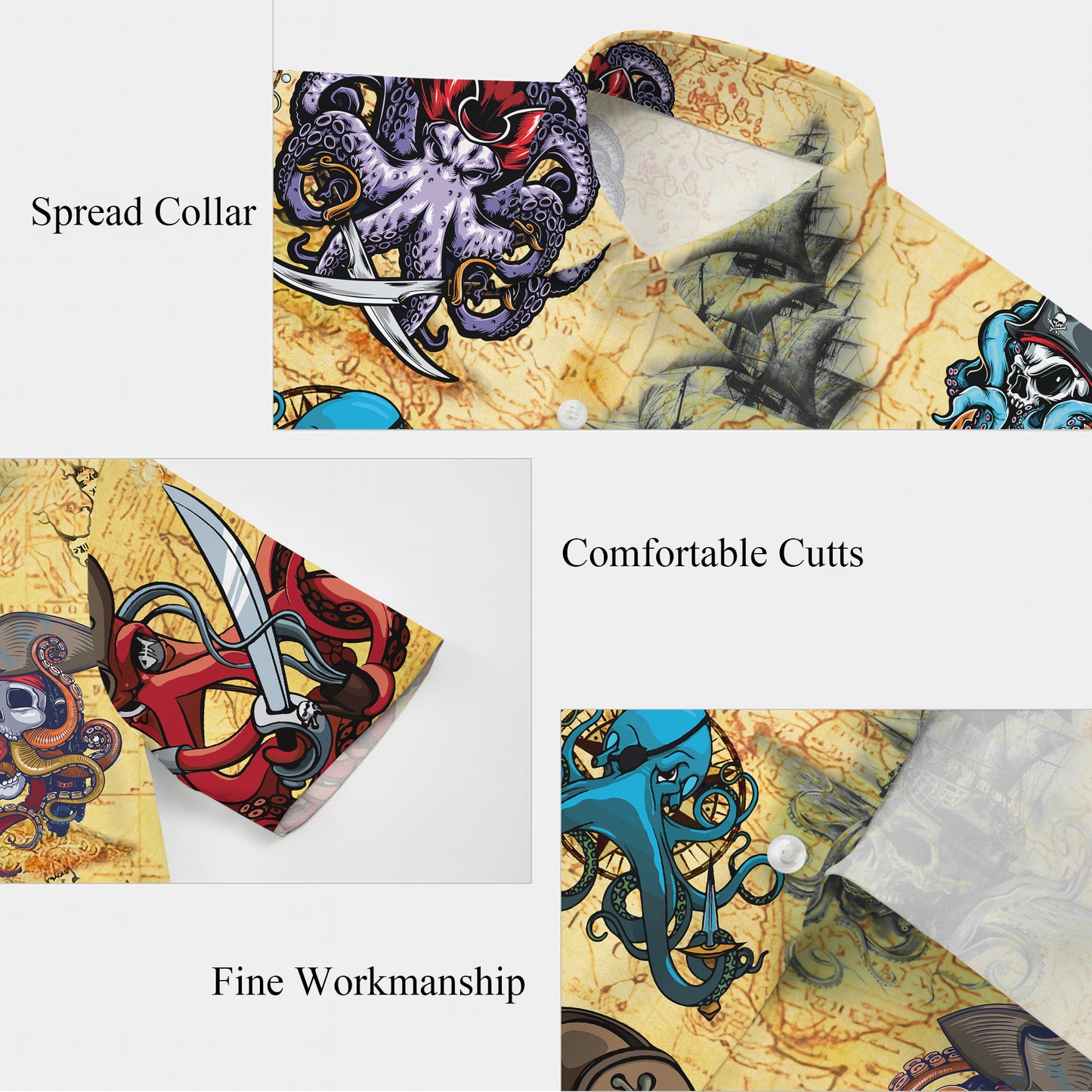 Pirate Octopus, Treasure Map & Gold Chest Hawaiian Shirt Aloha