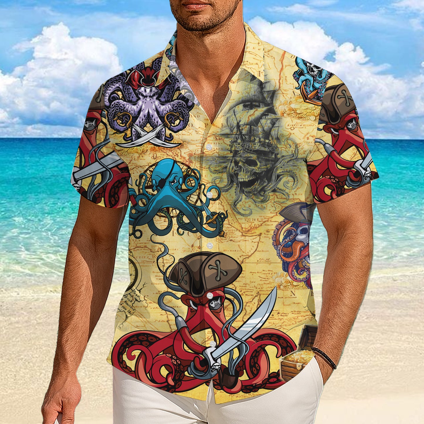 Pirate Octopus, Treasure Map & Gold Chest Hawaiian Shirt Aloha