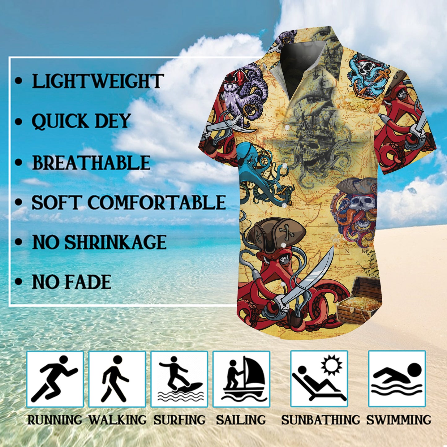 Pirate Octopus, Treasure Map & Gold Chest Hawaiian Shirt Aloha