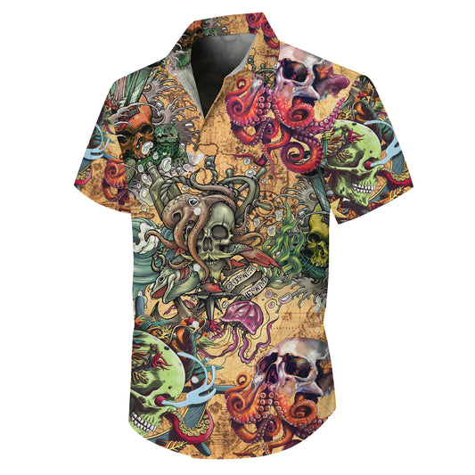 Octopus, Pirate Skulls & Vintage Map Hawaiian Shirt Aloha