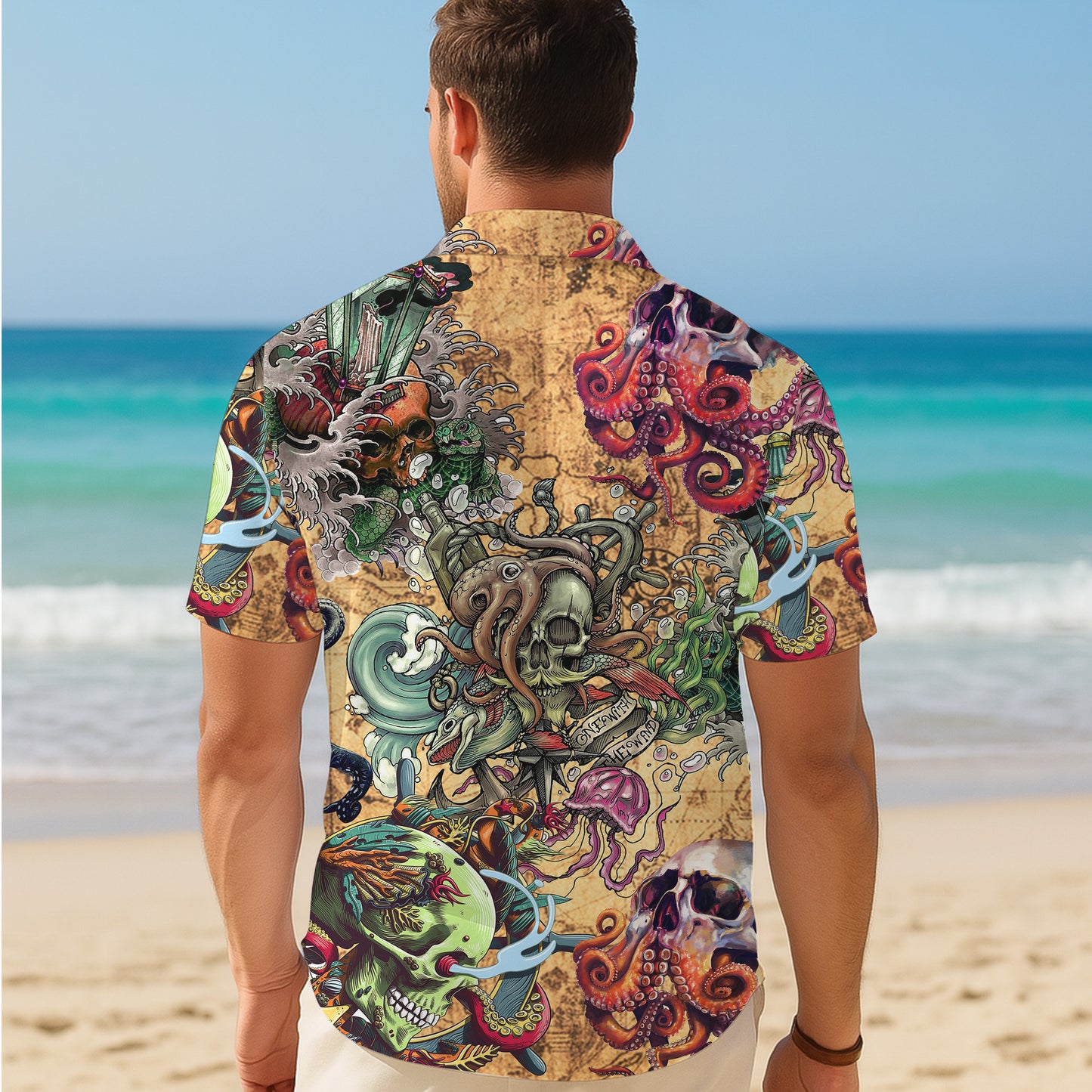 Octopus, Pirate Skulls & Vintage Map Hawaiian Shirt Aloha