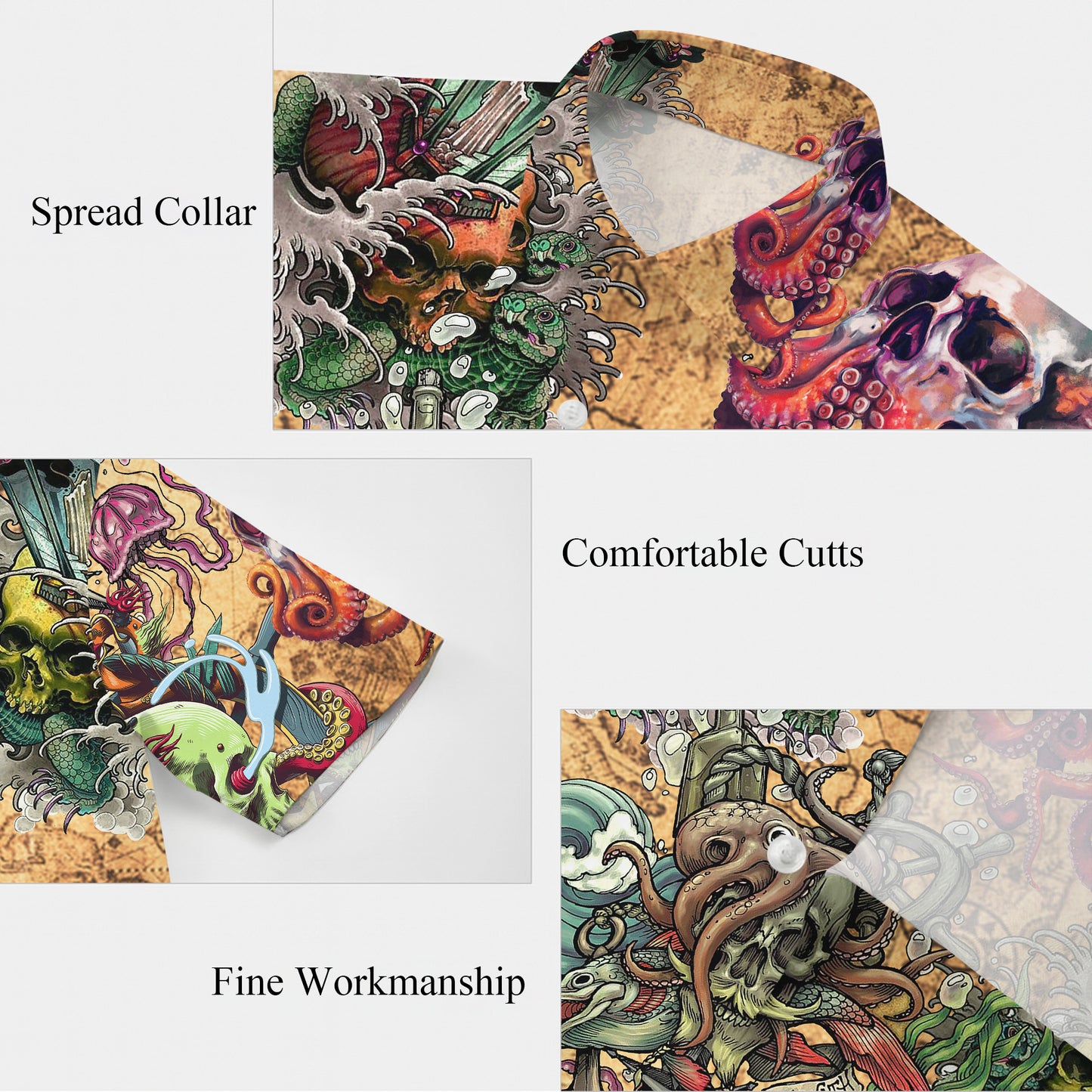 Octopus, Pirate Skulls & Vintage Map Hawaiian Shirt Aloha