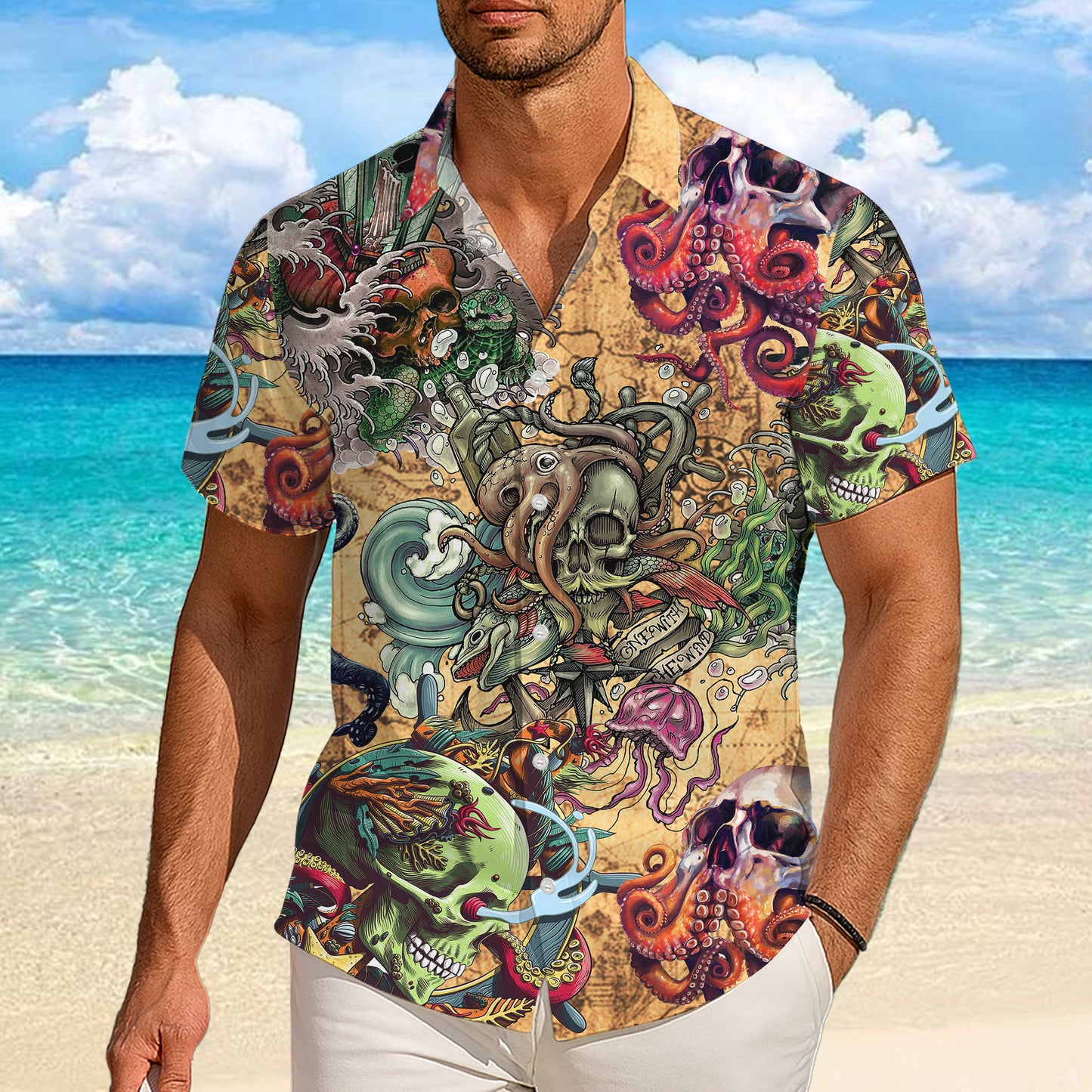 Octopus, Pirate Skulls & Vintage Map Hawaiian Shirt Aloha