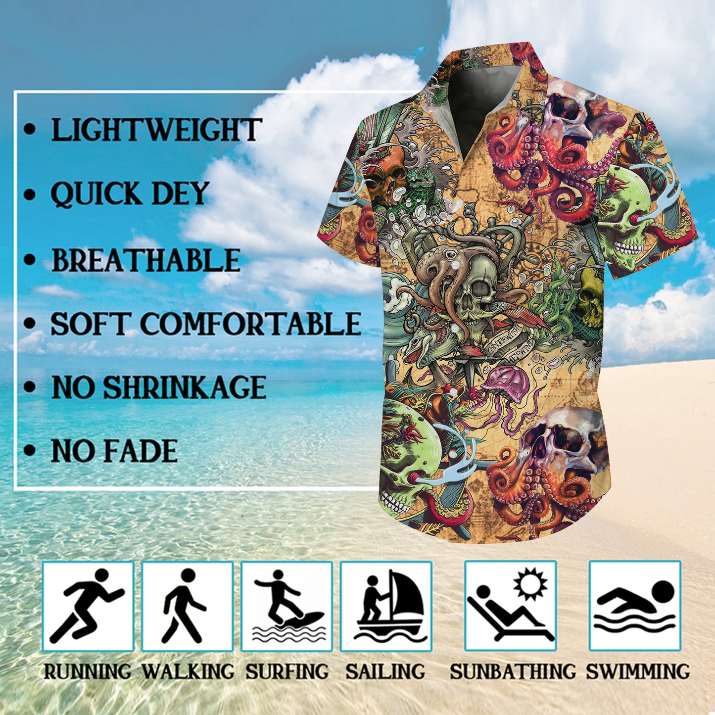 Octopus, Pirate Skulls & Vintage Map Hawaiian Shirt Aloha