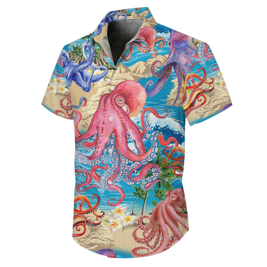 Colorful Octopuses & Tropical Beach Hawaiian Shirt Aloha