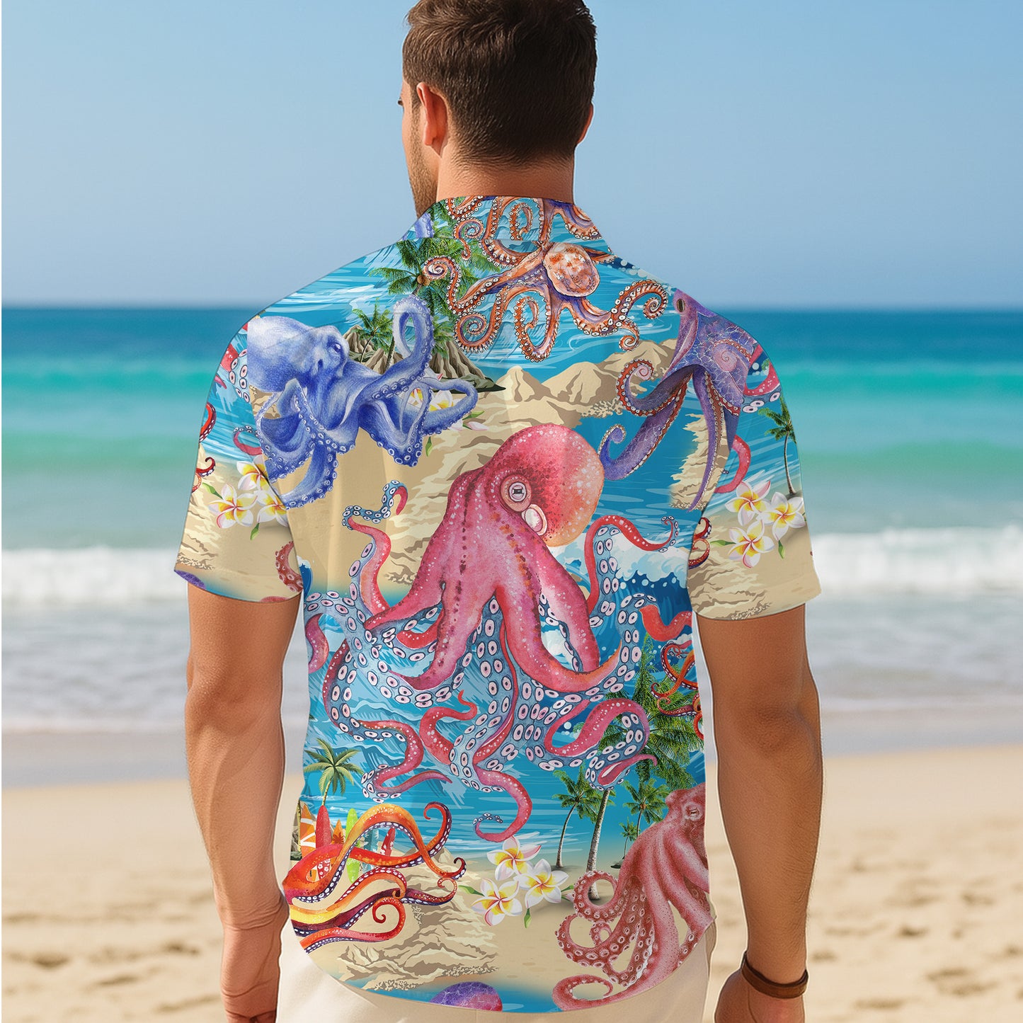 Colorful Octopuses & Tropical Beach Hawaiian Shirt Aloha