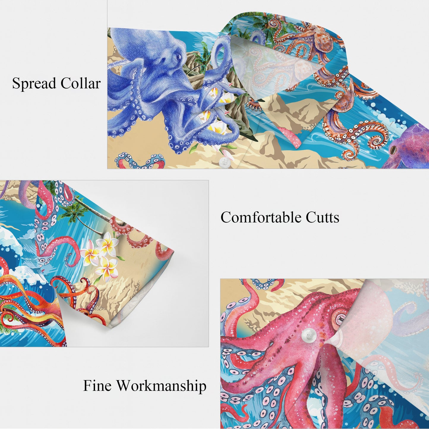 Colorful Octopuses & Tropical Beach Hawaiian Shirt Aloha