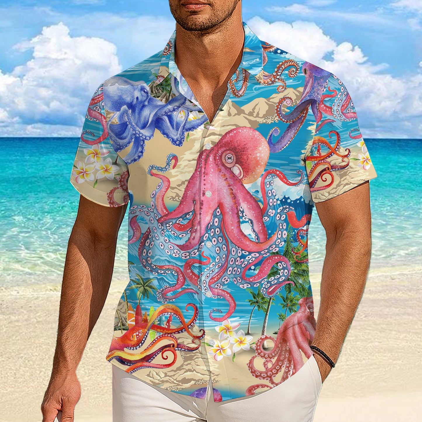 Colorful Octopuses & Tropical Beach Hawaiian Shirt Aloha