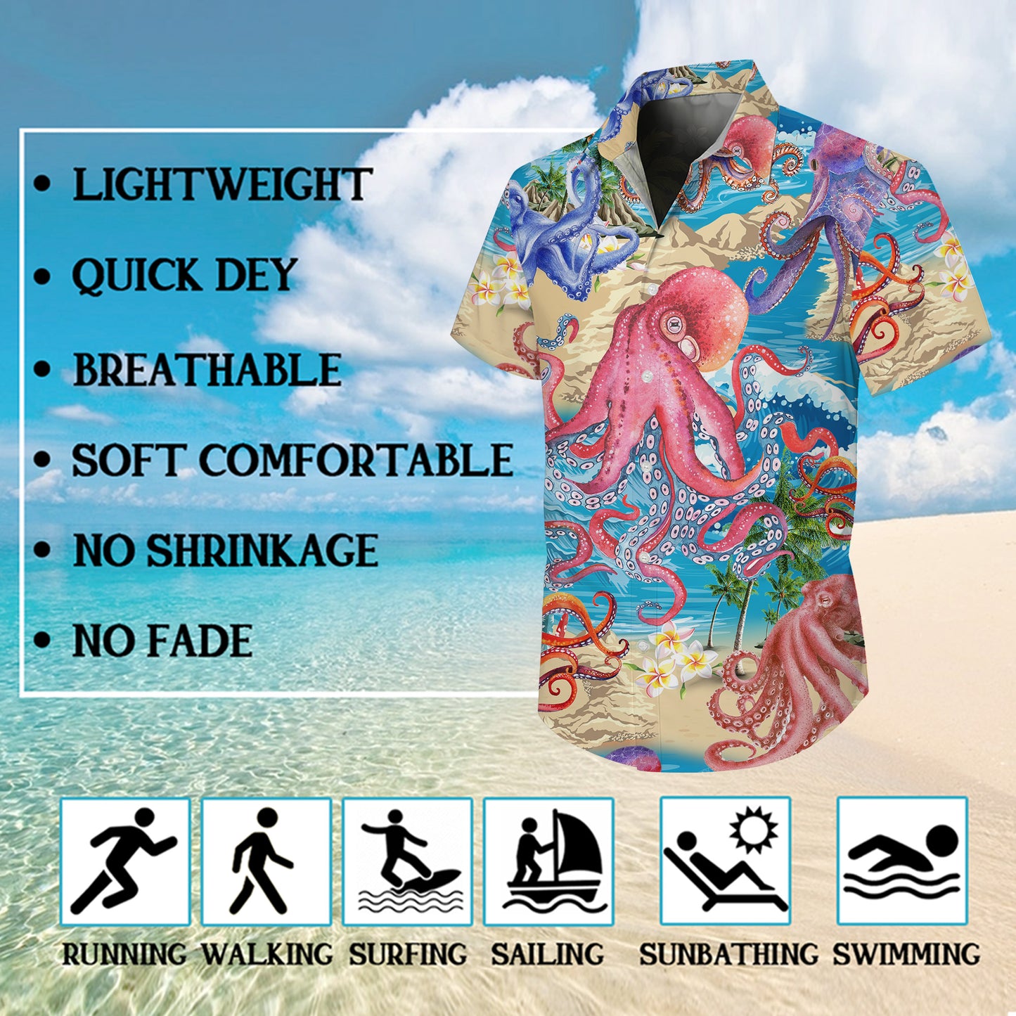 Colorful Octopuses & Tropical Beach Hawaiian Shirt Aloha