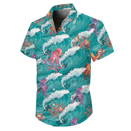 Ocean Waves & Colorful Octopuses Hawaiian Shirt Men Aloha