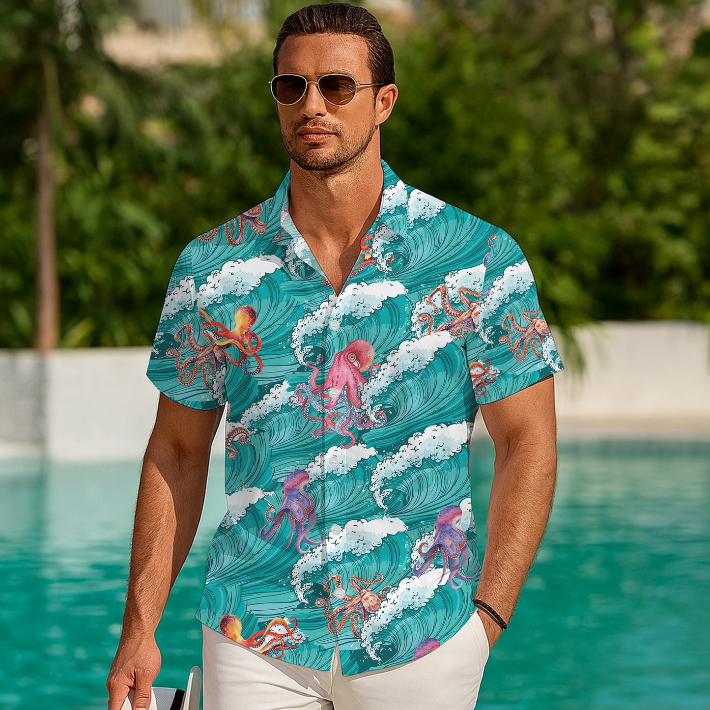 Ocean Waves & Colorful Octopuses Hawaiian Shirt Men Aloha