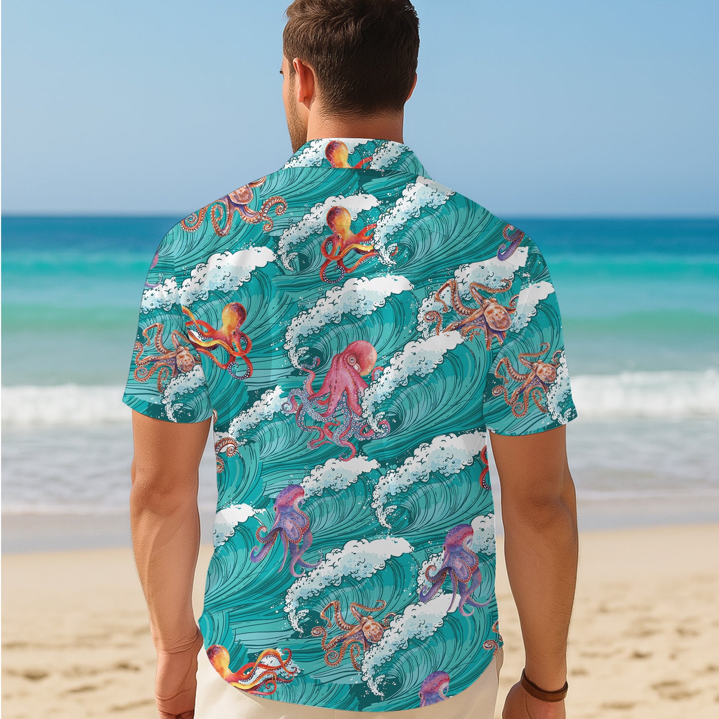 Ocean Waves & Colorful Octopuses Hawaiian Shirt Men Aloha