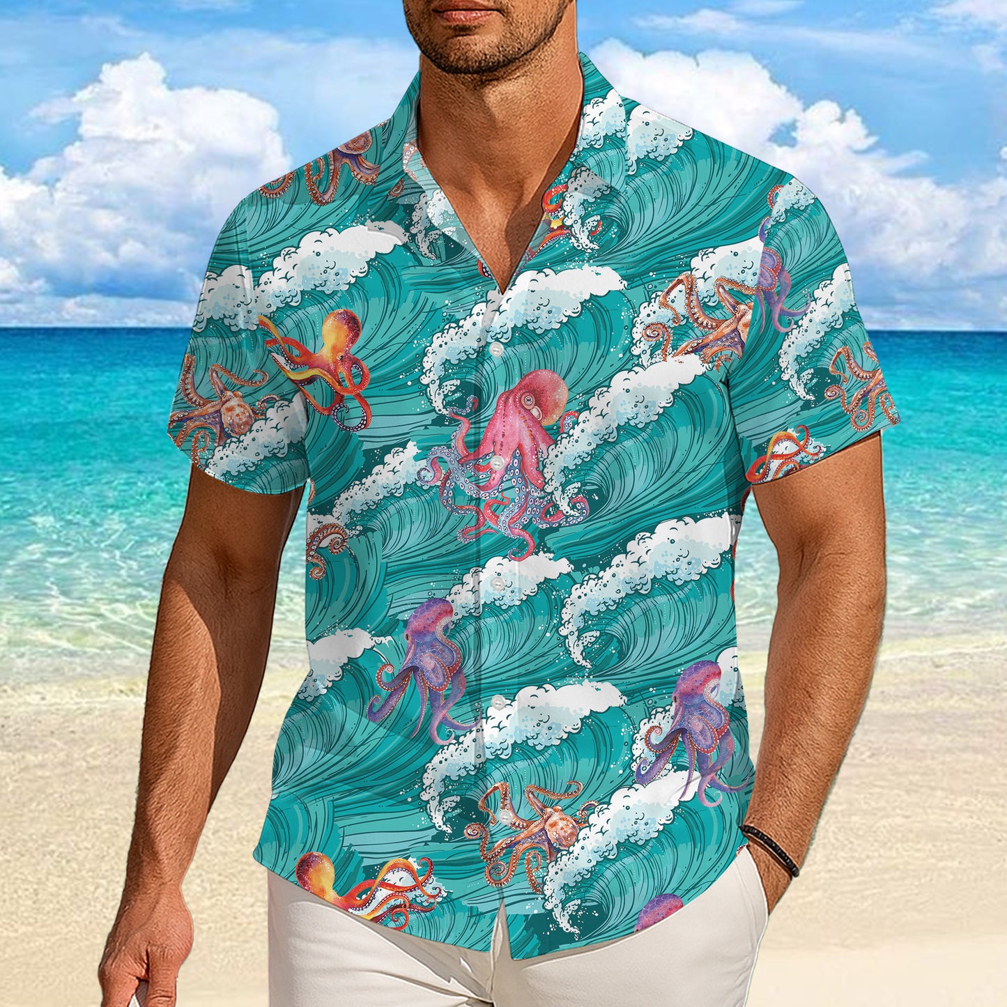 Ocean Waves & Colorful Octopuses Hawaiian Shirt Men Aloha