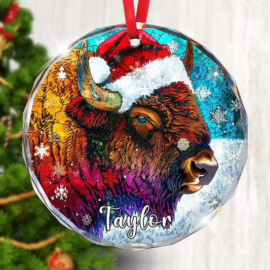 Personalized Bison Ornament, Santa Hat Glass Christmas Tree Decor, Custom Wildlife Name Holiday Gift