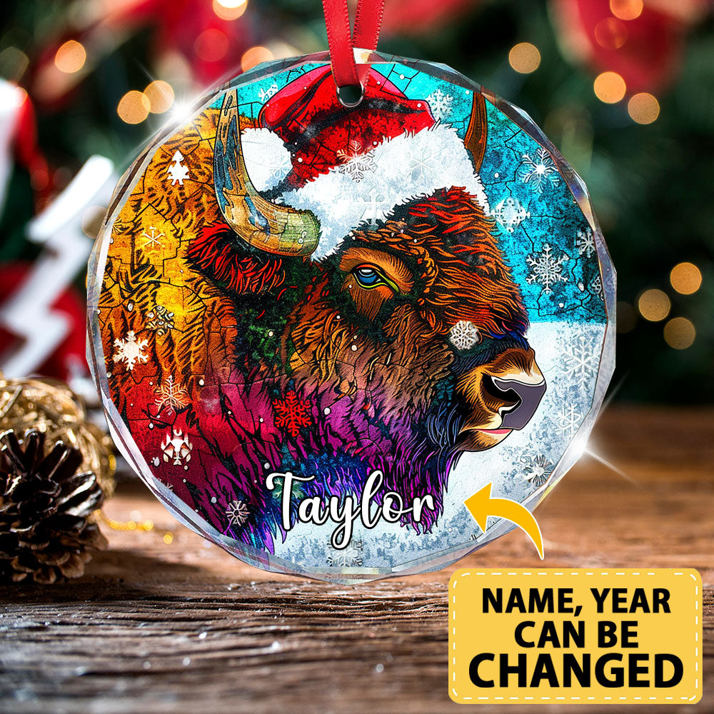 Personalized Bison Ornament, Santa Hat Glass Christmas Tree Decor, Custom Wildlife Name Holiday Gift