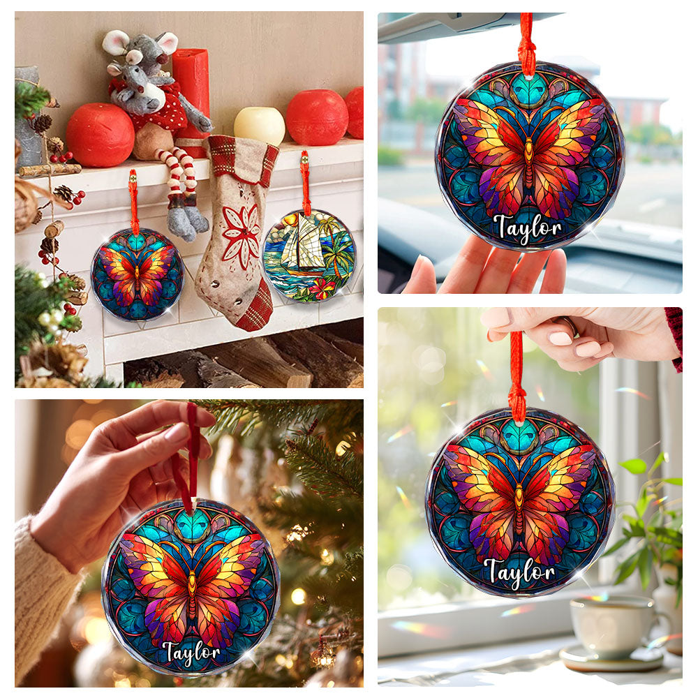 Personalized Butterfly Ornament, Stained Glass Christmas Tree Decor, Custom Name Animal Holiday Gift