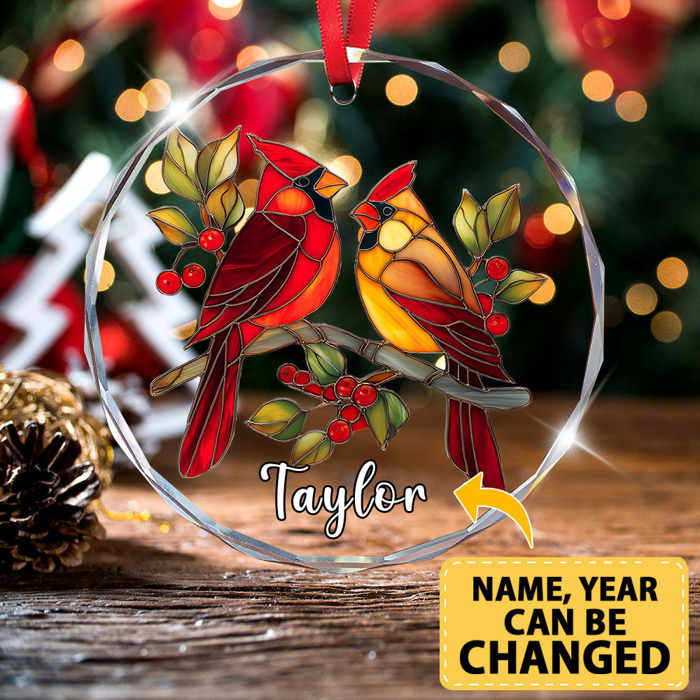 Personalized Red Cardinal Ornament, Stained Glass Christmas Tree Decor, Custom Bird Holiday Keepsake