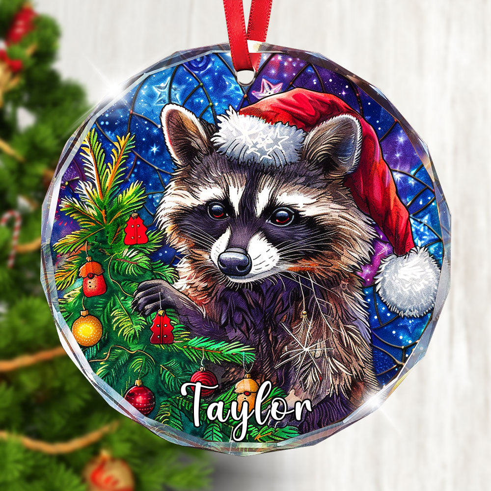 Personalized Raccoon Ornament, Santa Hat Glass Christmas Tree Decoration, Custom Animal Holiday Gift