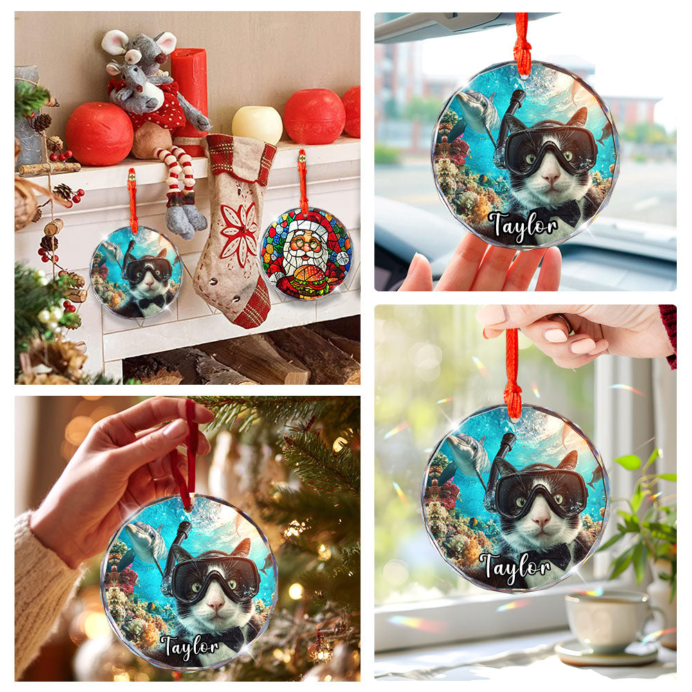 Personalized Scuba Diving Cat Ornament, Glass Christmas Tree Decor, Ocean Lovers Holiday Custom Gift