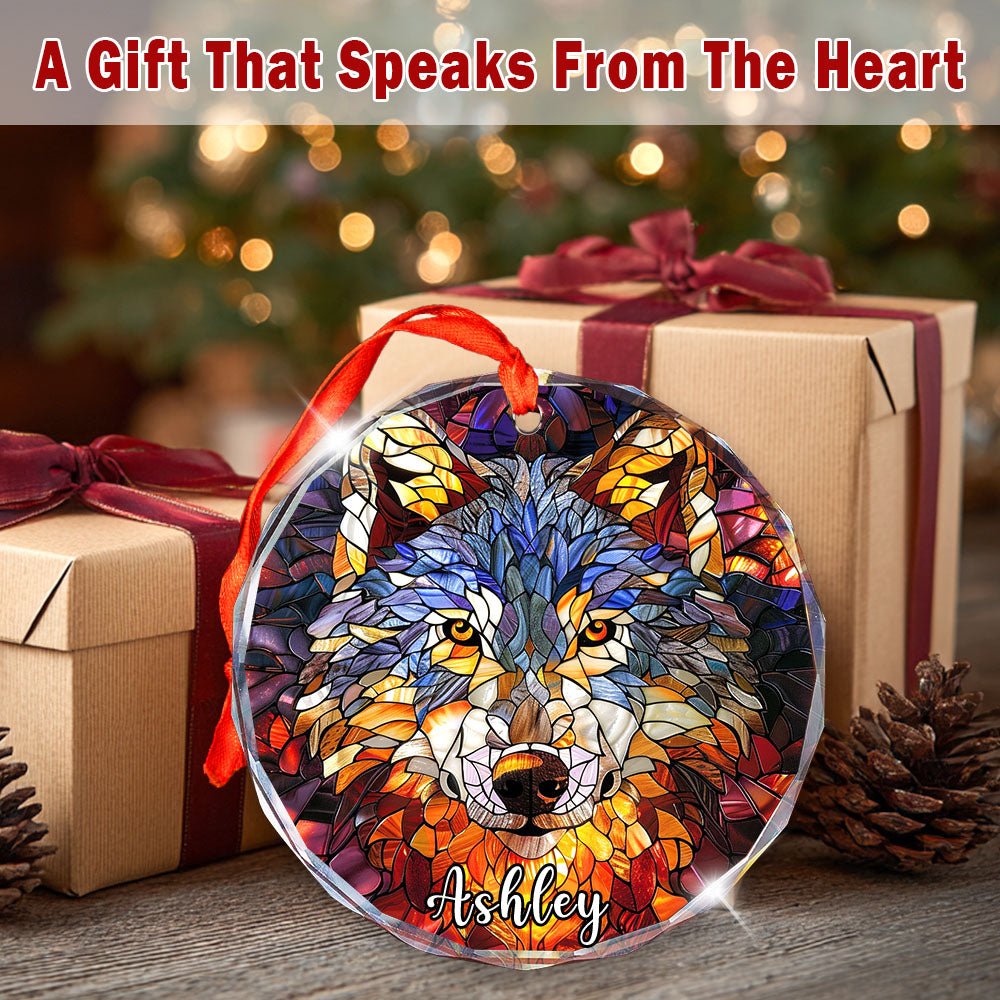 Personalized Wolf Ornament, Stained Glass Christmas Tree Decor, Custom Woodland Animal Holiday Gifts