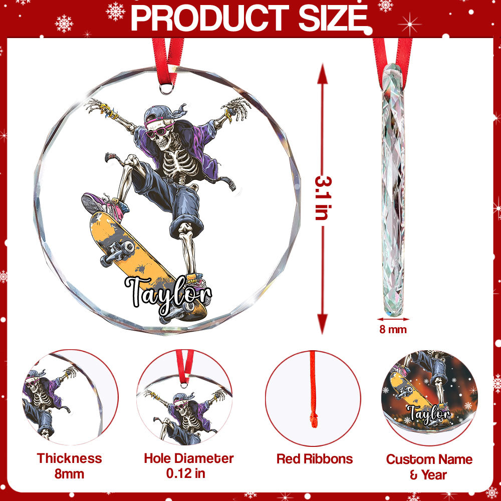 Personalized Skateboarding Skeleton Ornament, Custom Glass Christmas Tree Decor, Skater Holiday Gift