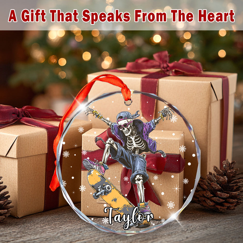 Personalized Skateboarding Skeleton Ornament, Custom Glass Christmas Tree Decor, Skater Holiday Gift