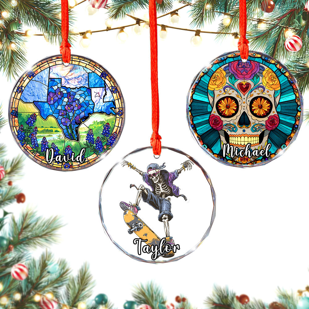Personalized Skateboarding Skeleton Ornament, Custom Glass Christmas Tree Decor, Skater Holiday Gift