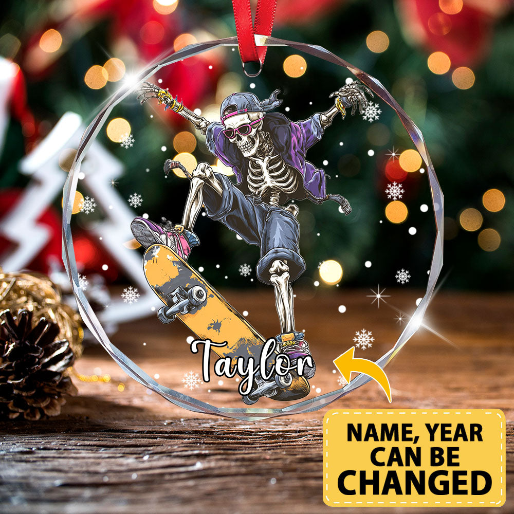 Personalized Skateboarding Skeleton Ornament, Custom Glass Christmas Tree Decor, Skater Holiday Gift