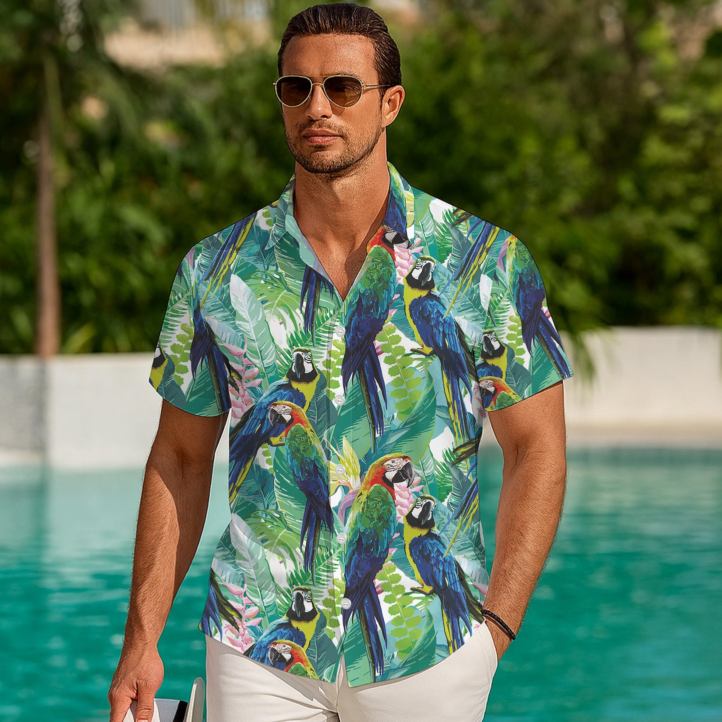 Colorful Parrots & Tropical Jungle Leaves Hawaiian Shirt for Men Women Aloha