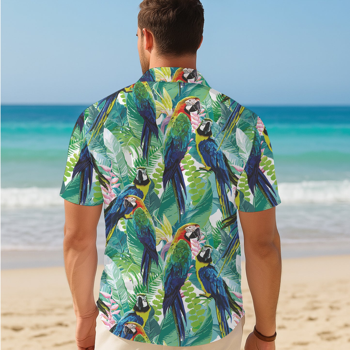 Colorful Parrots & Tropical Jungle Leaves Hawaiian Shirt for Men Women Aloha