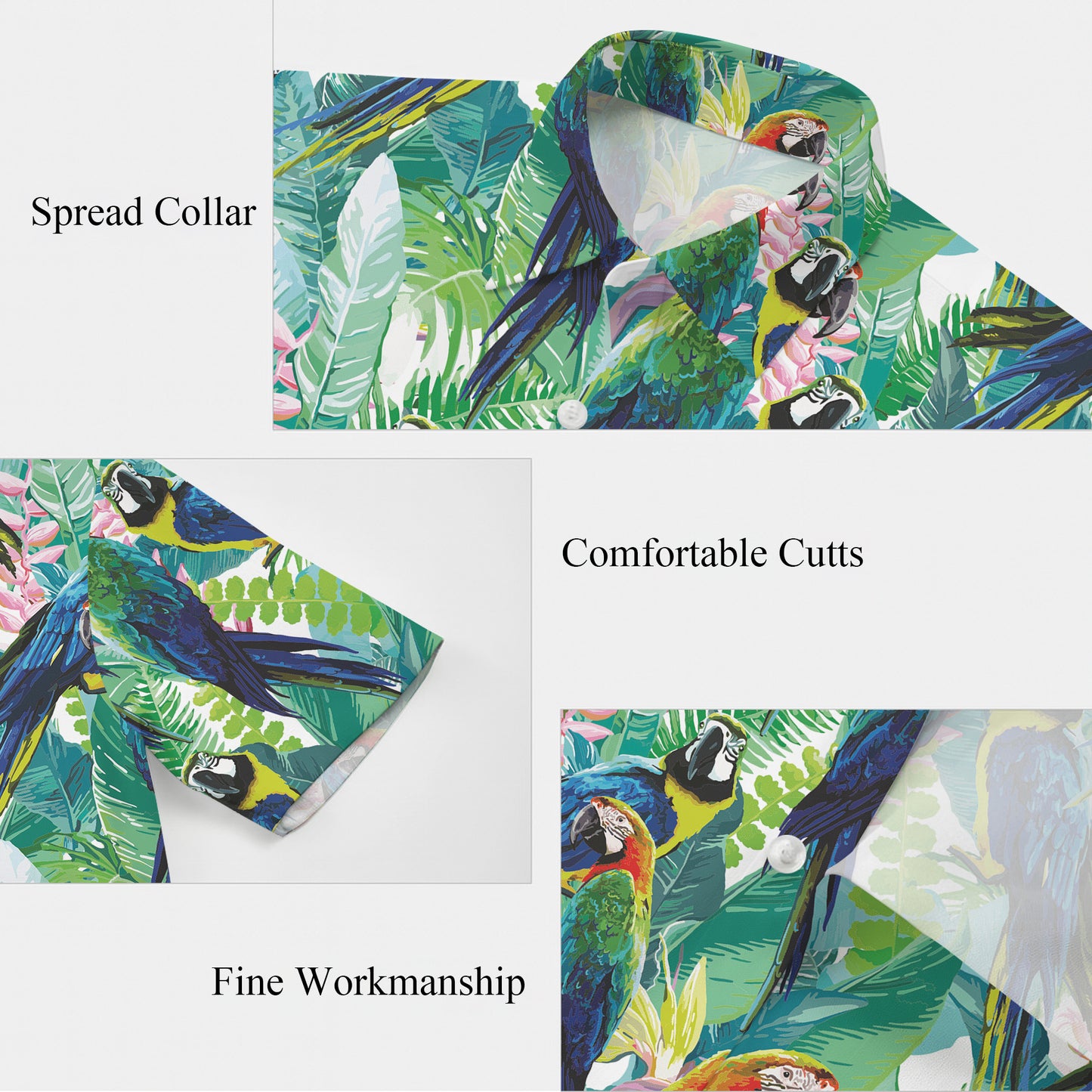 Colorful Parrots & Tropical Jungle Leaves Hawaiian Shirt for Men Women Aloha