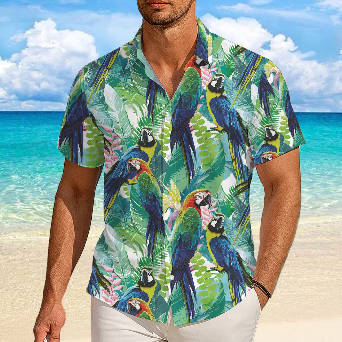 Colorful Parrots & Tropical Jungle Leaves Hawaiian Shirt for Men Women Aloha