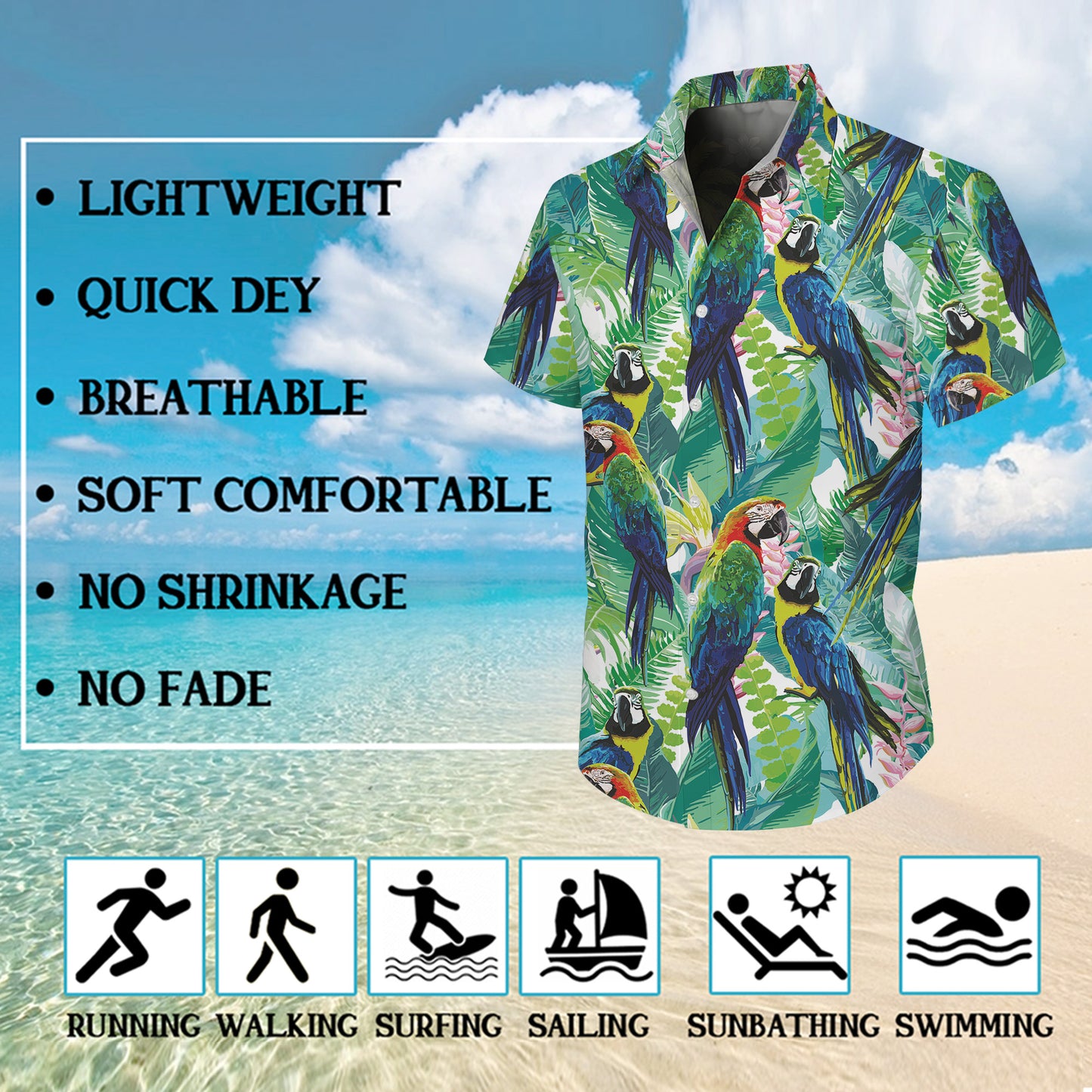 Colorful Parrots & Tropical Jungle Leaves Hawaiian Shirt for Men Women Aloha