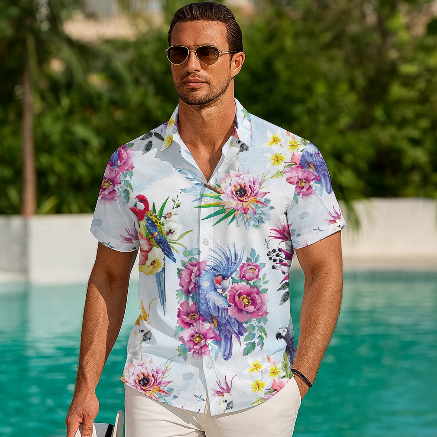Watercolor Parrots & Pink Floral Pattern Hawaiian Shirt Men