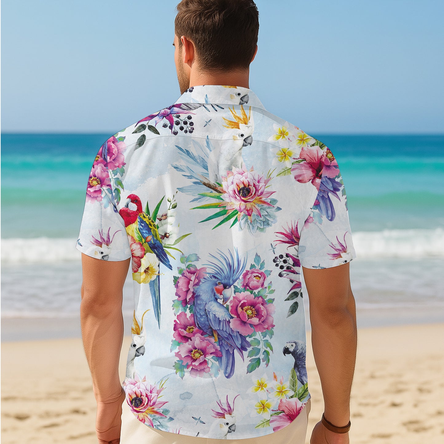 Watercolor Parrots & Pink Floral Pattern Hawaiian Shirt Men