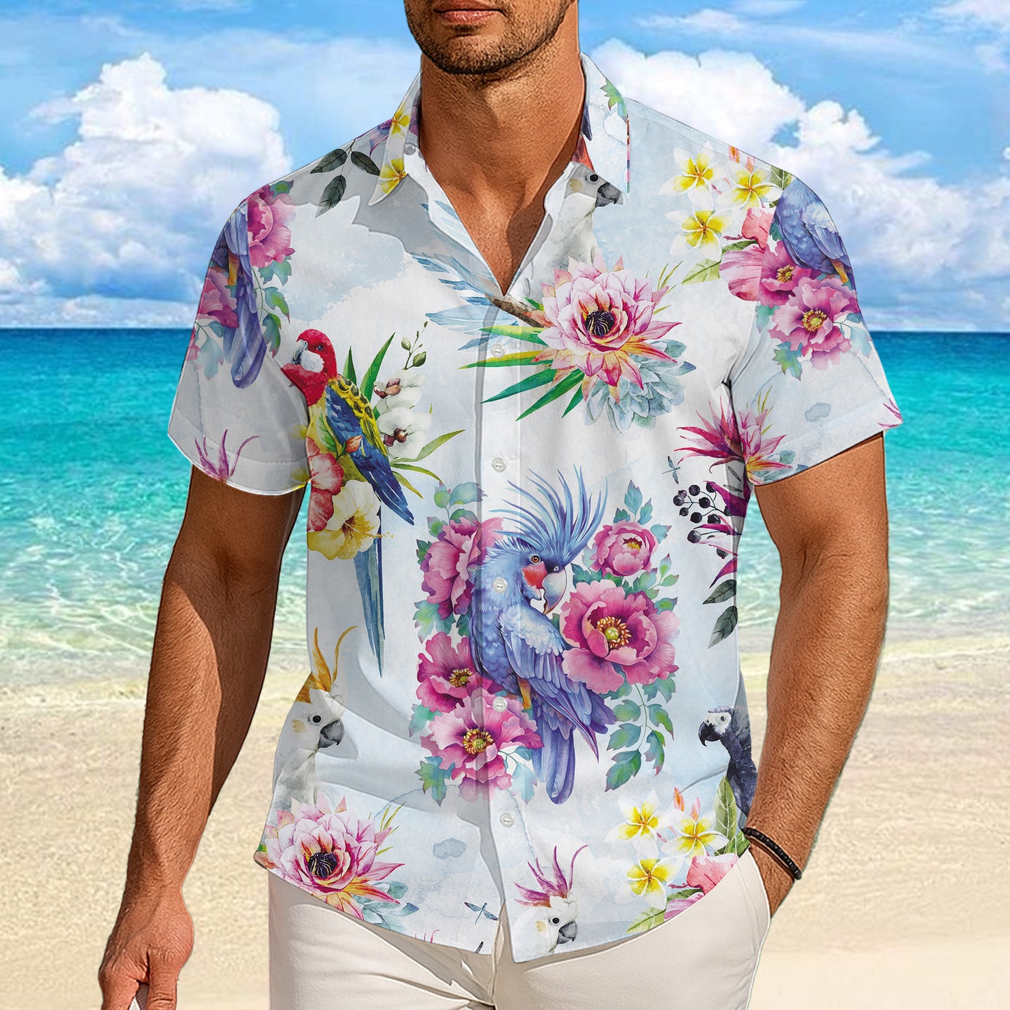 Watercolor Parrots & Pink Floral Pattern Hawaiian Shirt Men