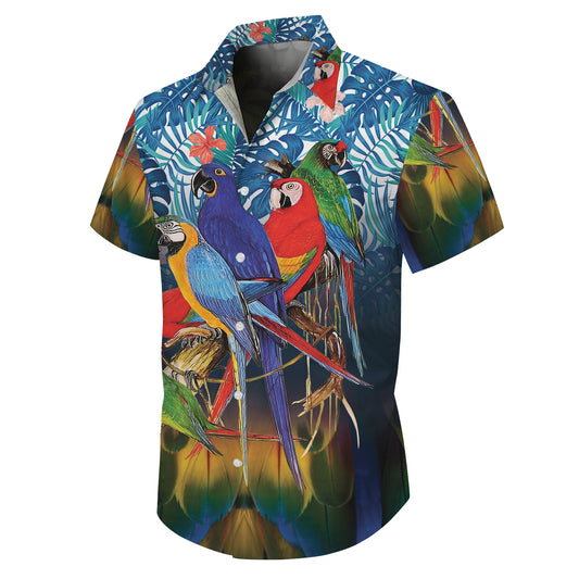 Colorful Parrots on Branch & Tropical Leaves Hawaiian Shirt