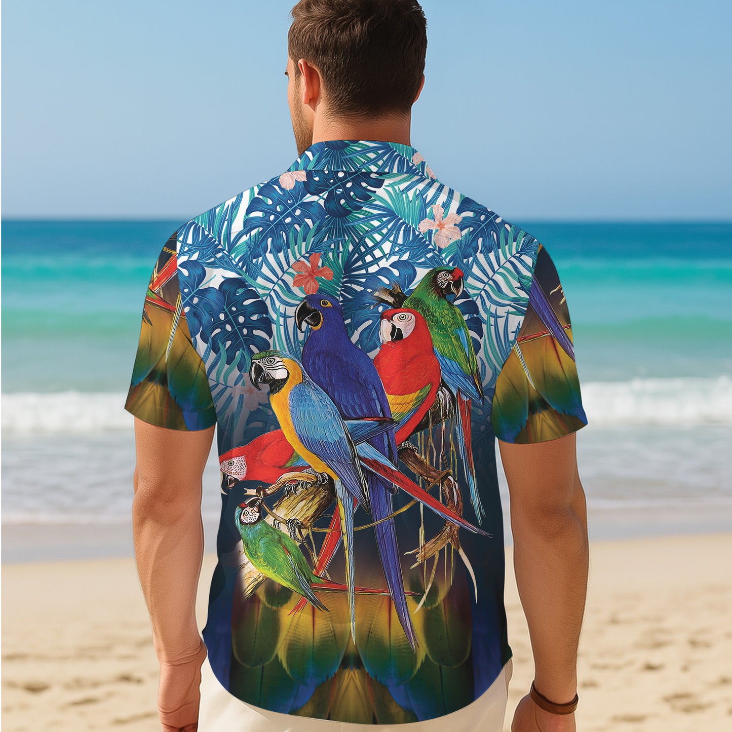 Colorful Parrots on Branch & Tropical Leaves Hawaiian Shirt